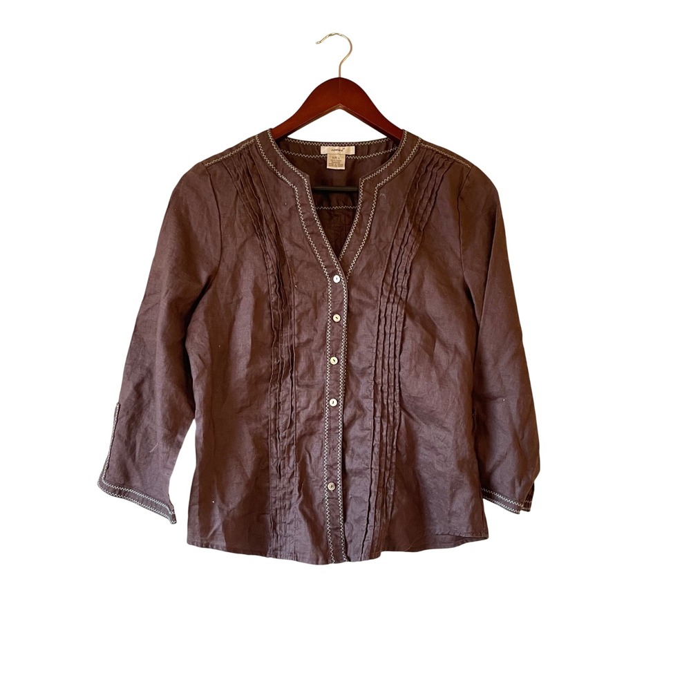 Vintage Women Brown Linen‎ V-Neck Pin Tuck Button Front Blouse Top Size M